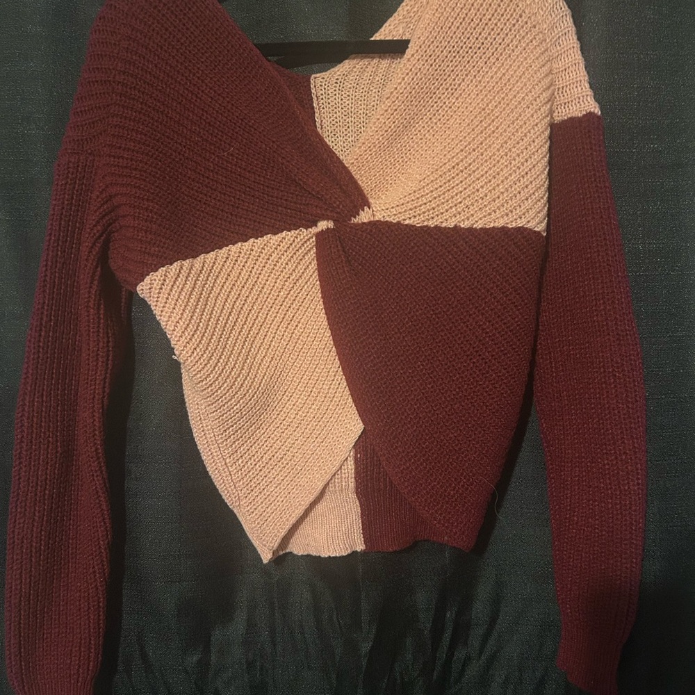 Colorblock Knit Sweater - Burgundy and Beige